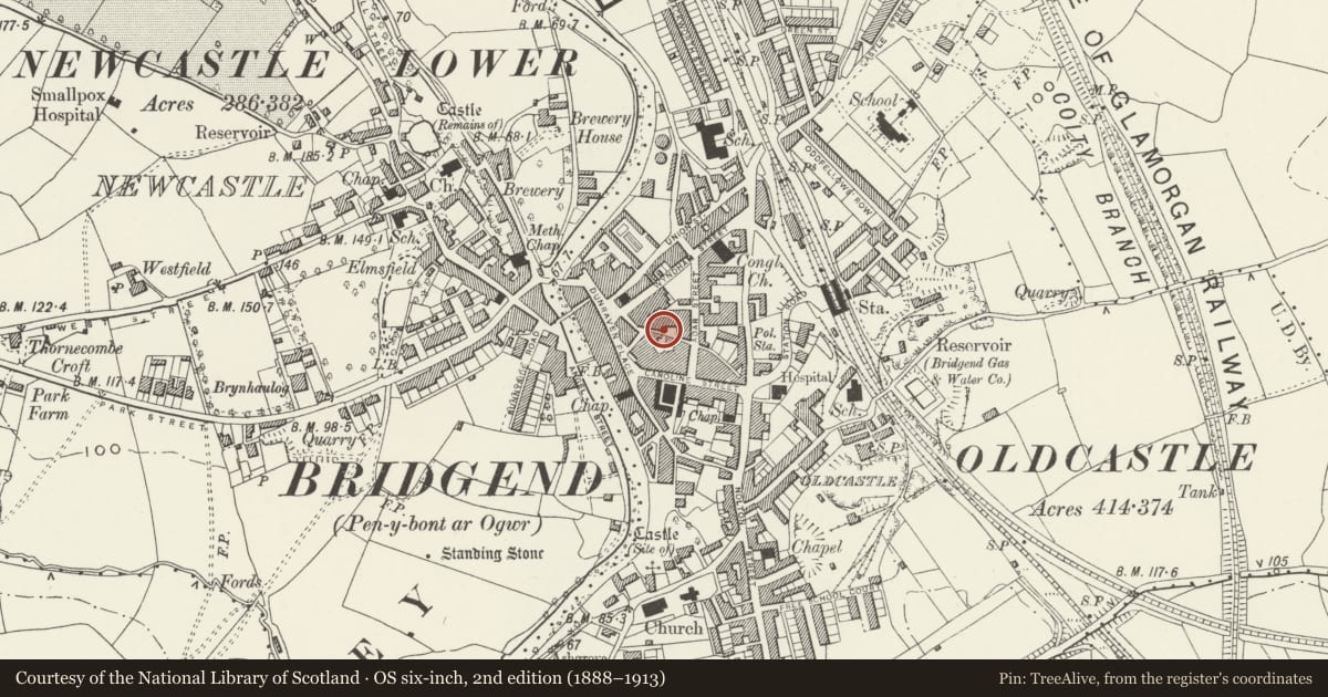 Ordnance Survey six-inch map, 2nd edition (1888–1913) covering the location of NO.9 & parallel range to rear, Bridgend, with a pin at the register's coordinates