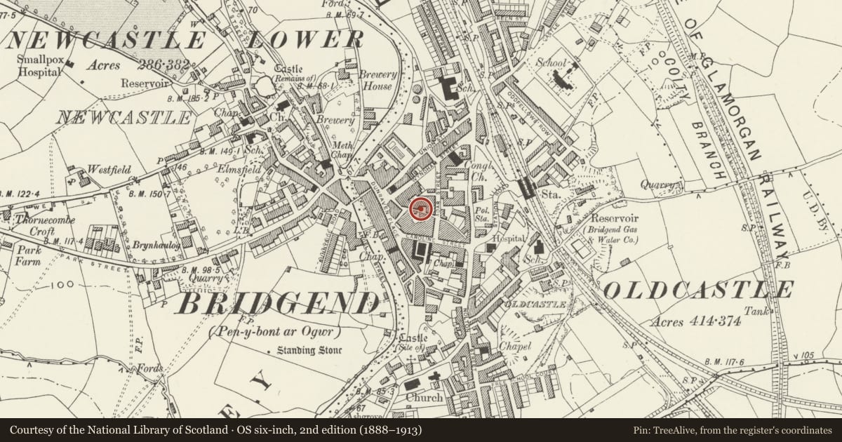 Ordnance Survey six-inch map, 2nd edition (1888–1913) covering the location of NO.11 & parallel range to rear, Bridgend, with a pin at the register's coordinates