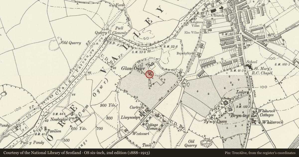 Ordnance Survey six-inch map, 2nd edition (1888–1913) covering the location of Glanogwr (including Glanogwr cottage) (Environmental Health Department), Bridgend, with a pin at the register's coordinates