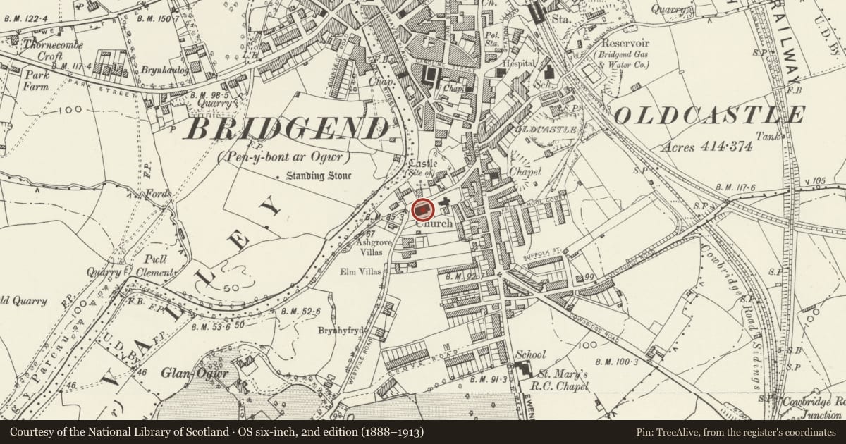 Ordnance Survey six-inch map, 2nd edition (1888–1913) covering the location of St Mary Nolton Church, Bridgend, with a pin at the register's coordinates