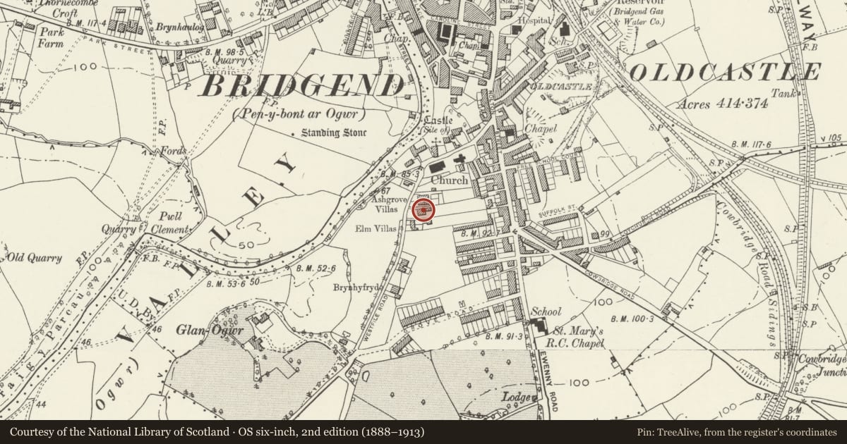 Ordnance Survey six-inch map, 2nd edition (1888–1913) covering the location of Ashfield, Bridgend, with a pin at the register's coordinates
