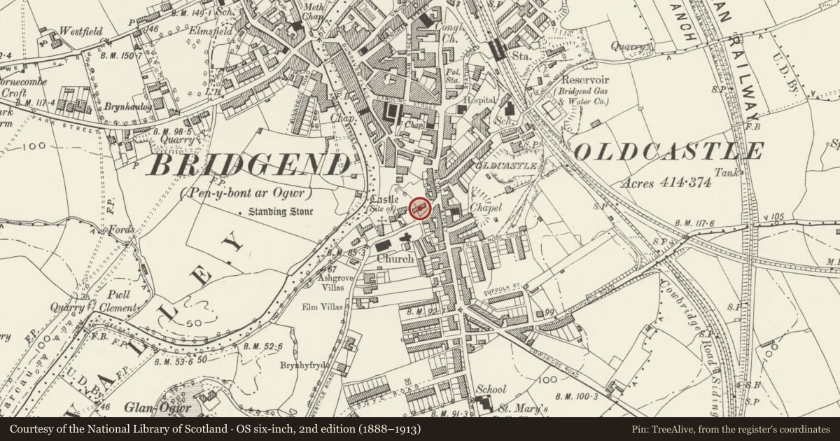 Ordnance Survey six-inch map, 2nd edition (1888–1913) covering the location of Nolton Court, Bridgend, with a pin at the register's coordinates