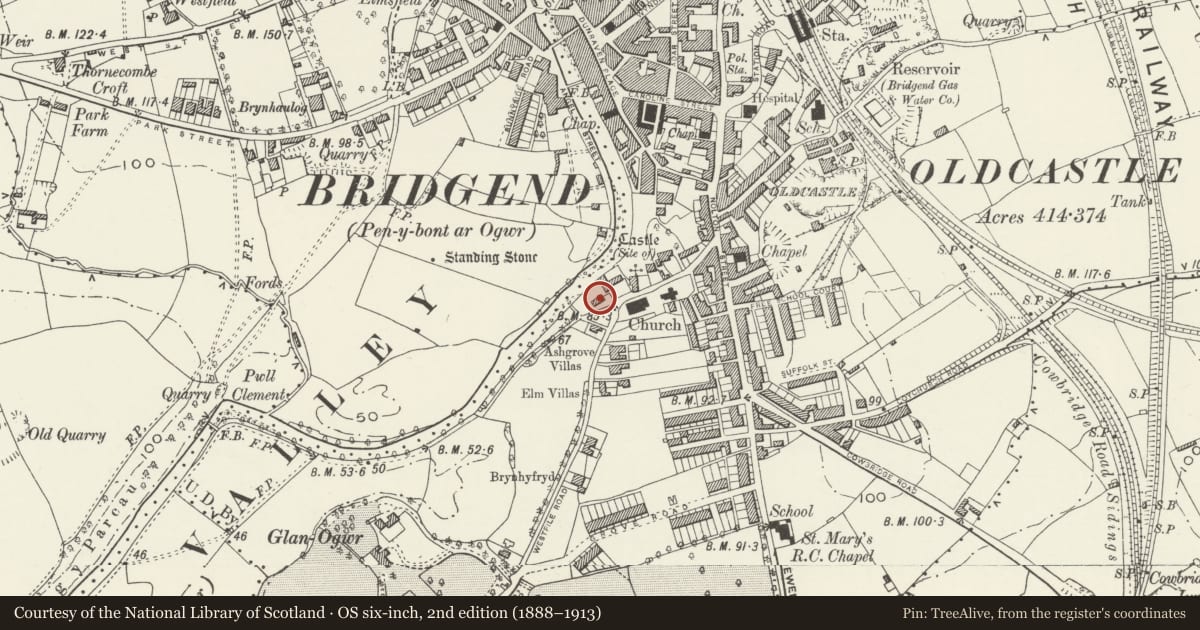 Ordnance Survey six-inch map, 2nd edition (1888–1913) covering the location of Cae Court, Bridgend, with a pin at the register's coordinates