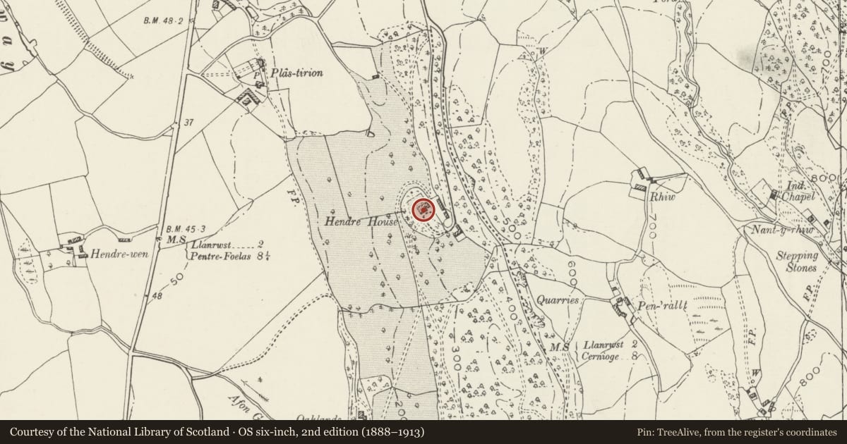 Ordnance Survey six-inch map, 2nd edition (1888–1913) covering the location of Hendre House, Bro Garmon, Conwy, with a pin at the register's coordinates