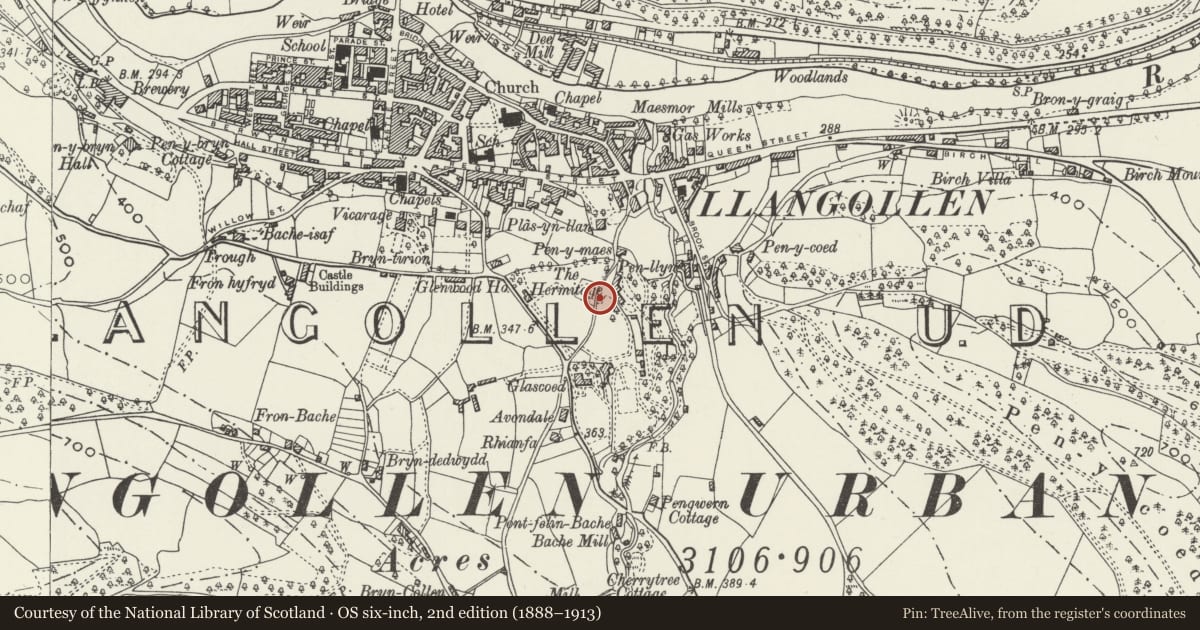 Ordnance Survey six-inch map, 2nd edition (1888–1913) covering the location of Font in the grounds of Plas Newydd, Llangollen, Denbighshire, with a pin at the register's coordinates