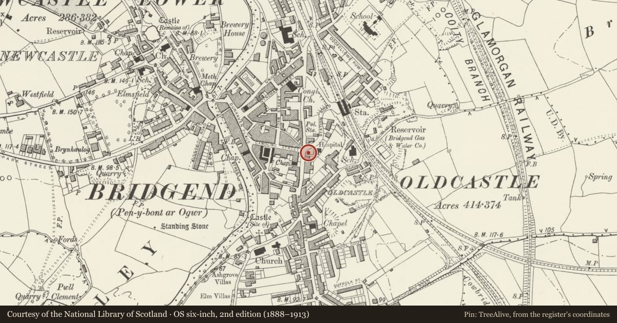 Ordnance Survey six-inch map, 2nd edition (1888–1913) covering the location of Randall Memorial Drinking Fountain, Bridgend, with a pin at the register's coordinates