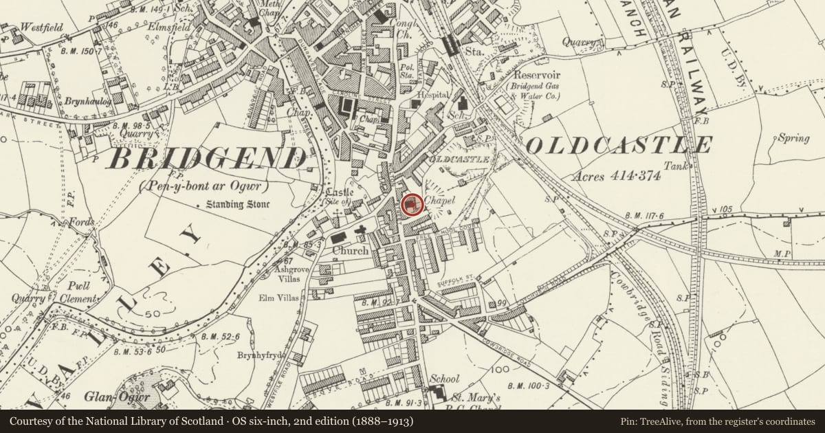 Ordnance Survey six-inch map, 2nd edition (1888–1913) covering the location of Hermon Chapel, Bridgend, with a pin at the register's coordinates