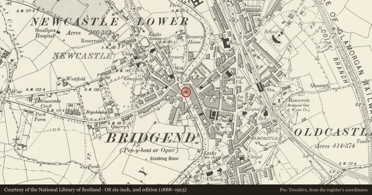 Ordnance Survey six-inch map, 2nd edition (1888–1913) covering the location of Old Bridge, Bridgend, with a pin at the register's coordinates