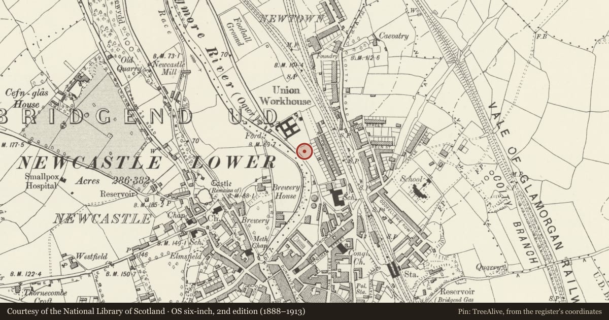 Ordnance Survey six-inch map, 2nd edition (1888–1913) covering the location of Community Health Clinic at Bridgend General Hospital (Former Union Offices), with a pin at the register's coordinates