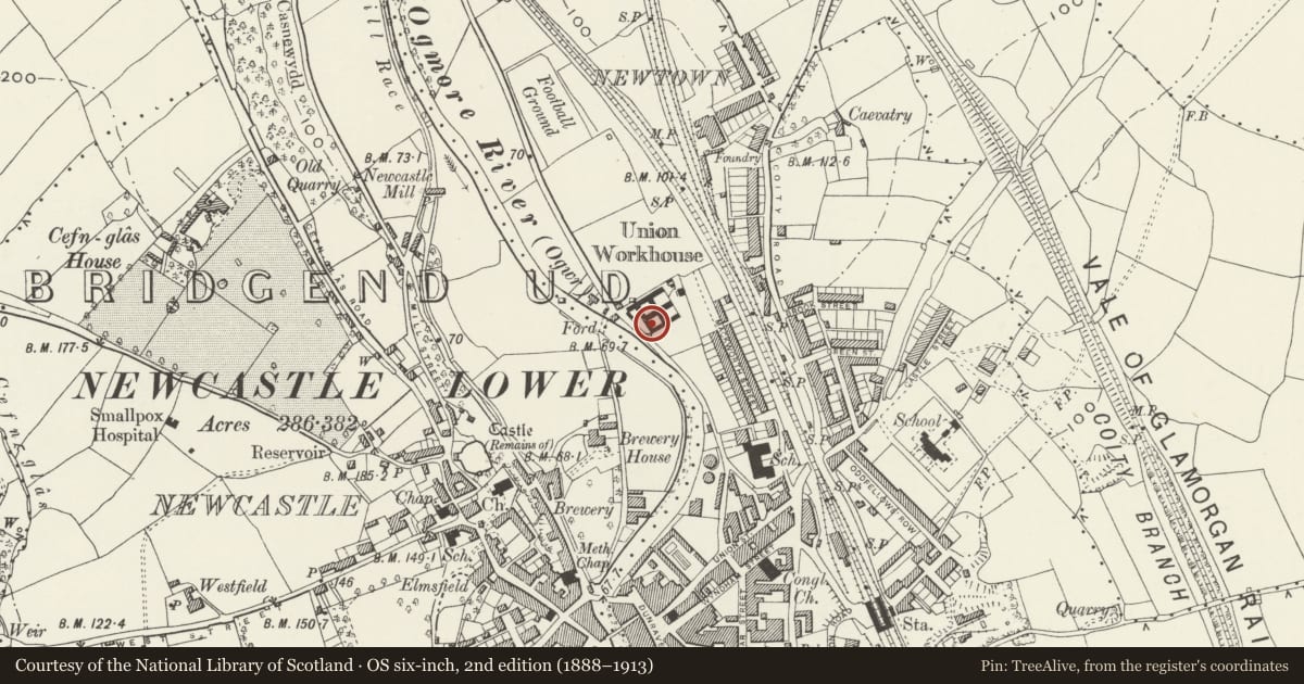 Ordnance Survey six-inch map, 2nd edition (1888–1913) covering the location of The Old Workhouse, Bridgend General Hospital, with a pin at the register's coordinates