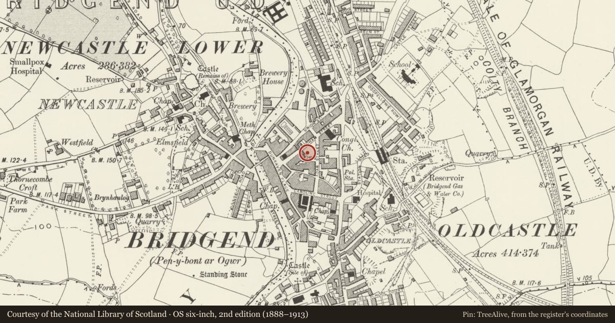 Ordnance Survey six-inch map, 2nd edition (1888–1913) covering the location of Public Library, Bridgend, with a pin at the register's coordinates