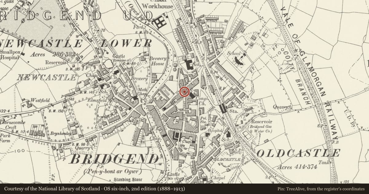 Ordnance Survey six-inch map, 2nd edition (1888–1913) covering the location of York Tavern PH, Bridgend, with a pin at the register's coordinates