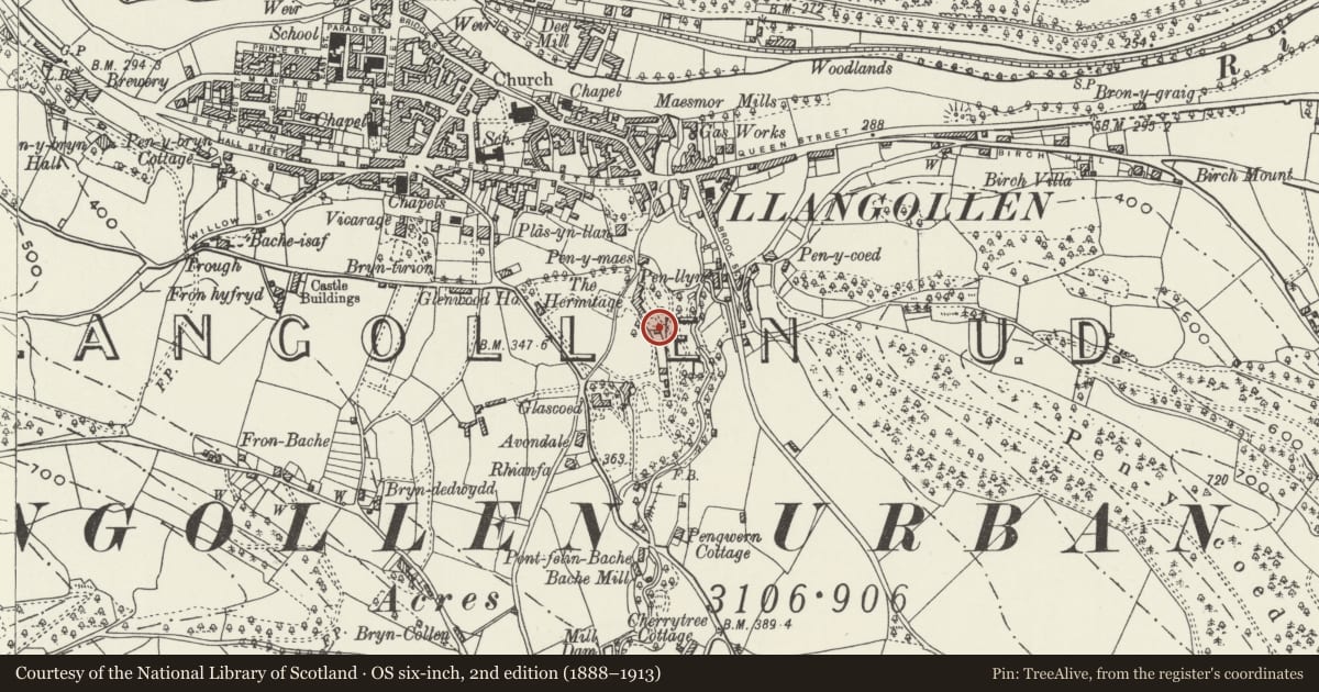 Ordnance Survey six-inch map, 2nd edition (1888–1913) covering the location of Dovecote in the grounds of Plas Newydd, Llangollen, Denbighshire, with a pin at the register's coordinates
