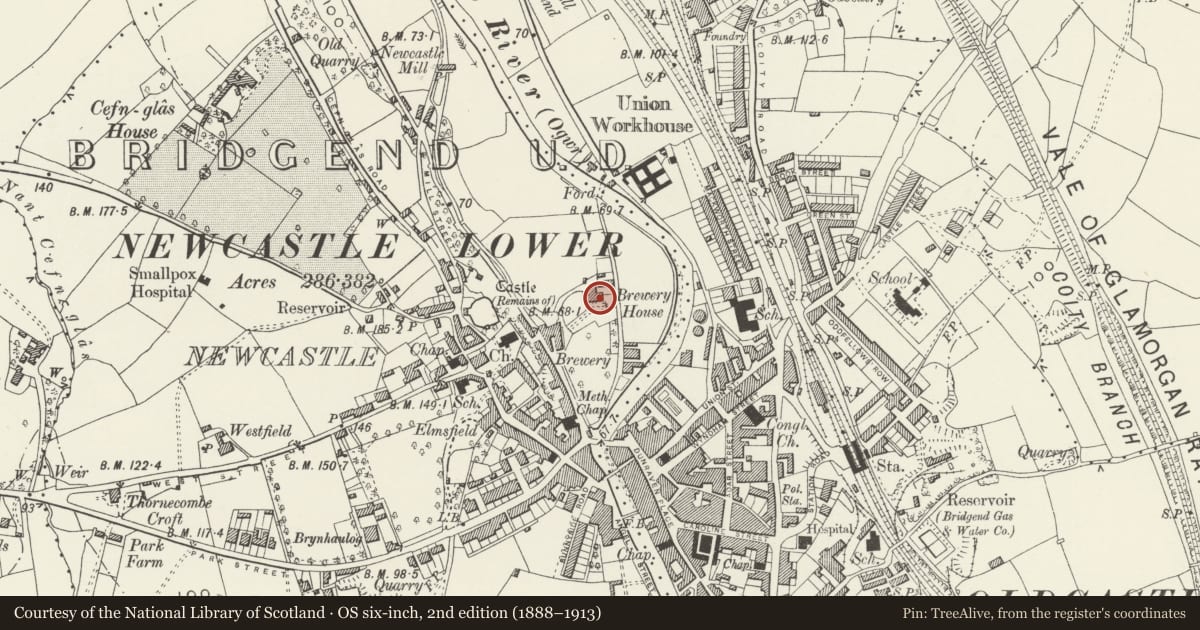 Ordnance Survey six-inch map, 2nd edition (1888–1913) covering the location of The Jolly Brewer, Bridgend, with a pin at the register's coordinates