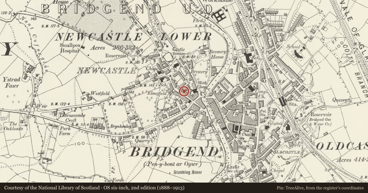 Ordnance Survey six-inch map, 2nd edition (1888–1913) covering the location of St John's Hospice, Bridgend, with a pin at the register's coordinates