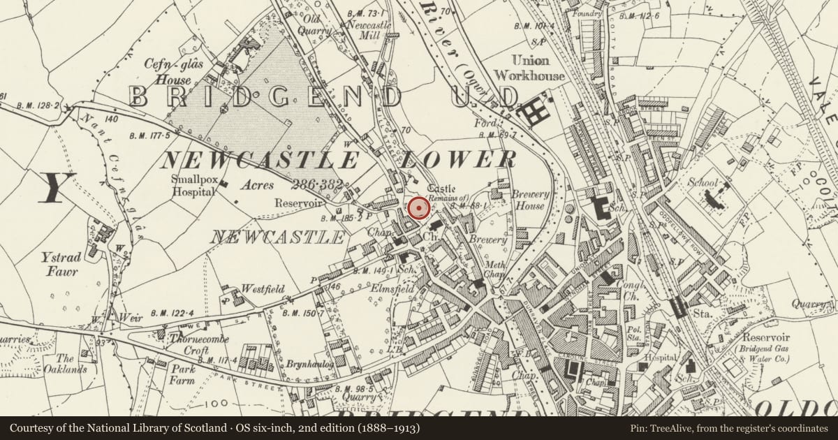 Ordnance Survey six-inch map, 2nd edition (1888–1913) covering the location of Newcastle Castle, Bridgend, with a pin at the register's coordinates