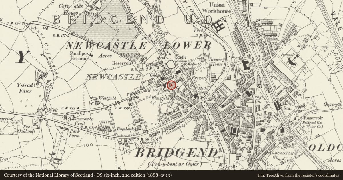 Ordnance Survey six-inch map, 2nd edition (1888–1913) covering the location of Nazareth Apostolic Church, Bridgend, with a pin at the register's coordinates