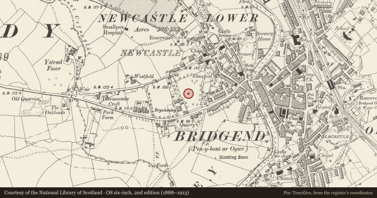 Ordnance Survey six-inch map, 2nd edition (1888–1913) covering the location of Coed Parc (HQ of Mid-Glamorgan County Libraries), Bridgend, with a pin at the register's coordinates