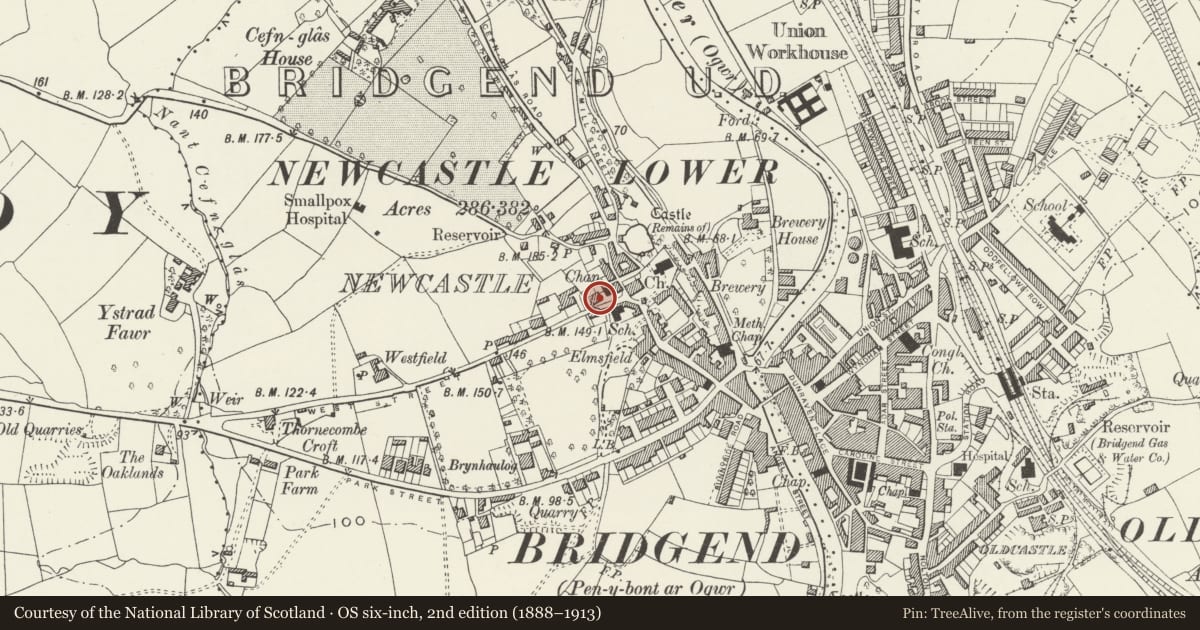 Ordnance Survey six-inch map, 2nd edition (1888–1913) covering the location of West Cottage, Bridgend, with a pin at the register's coordinates