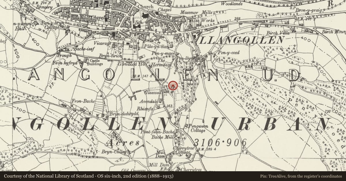 Ordnance Survey six-inch map, 2nd edition (1888–1913) covering the location of Former Coach House in the grounds of Plas Newydd, Llangollen, Denbighshire, with a pin at the register's coordinates