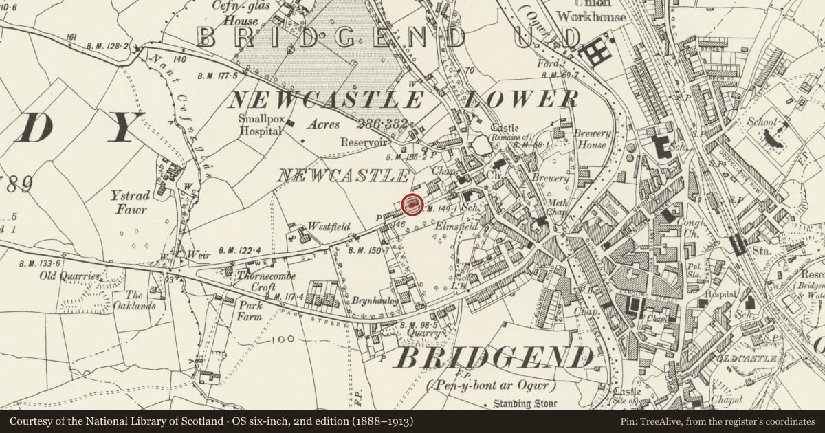 Ordnance Survey six-inch map, 2nd edition (1888–1913) covering the location of Newcastle Cottage, Bridgend, with a pin at the register's coordinates