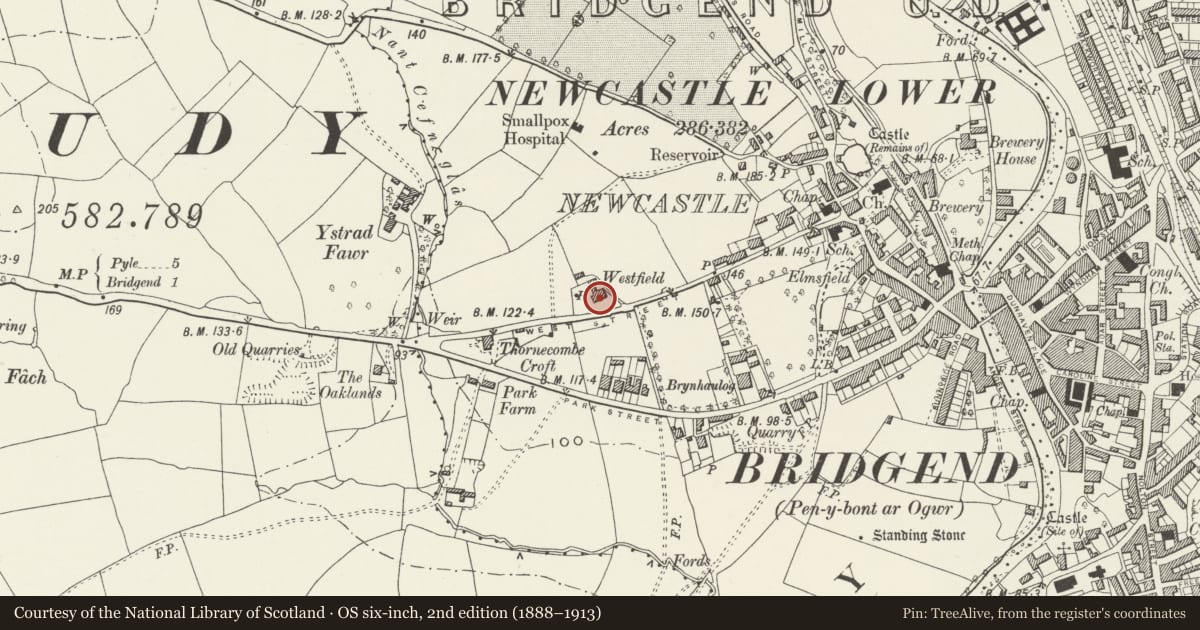 Ordnance Survey six-inch map, 2nd edition (1888–1913) covering the location of Westfield, Bridgend, with a pin at the register's coordinates
