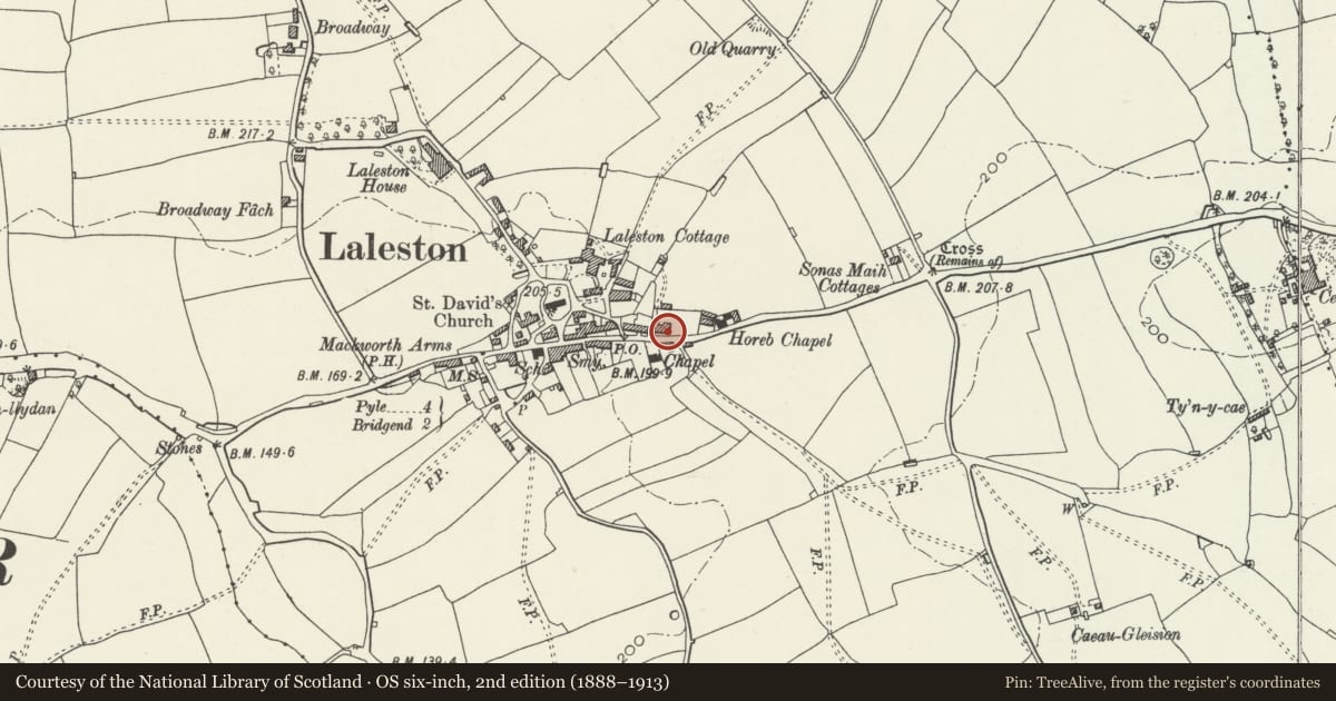 Ordnance Survey six-inch map, 2nd edition (1888–1913) covering the location of Village Farm House, Laleston, Bridgend, with a pin at the register's coordinates