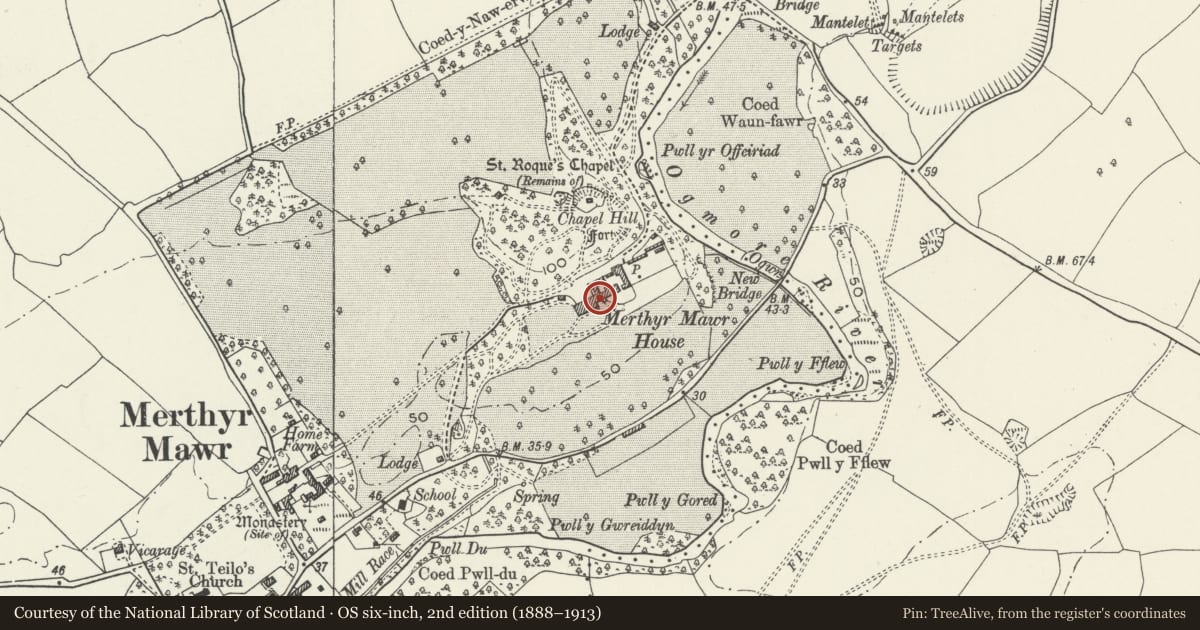 Ordnance Survey six-inch map, 2nd edition (1888–1913) covering the location of Merthyr Mawr House, Bridgend, with a pin at the register's coordinates