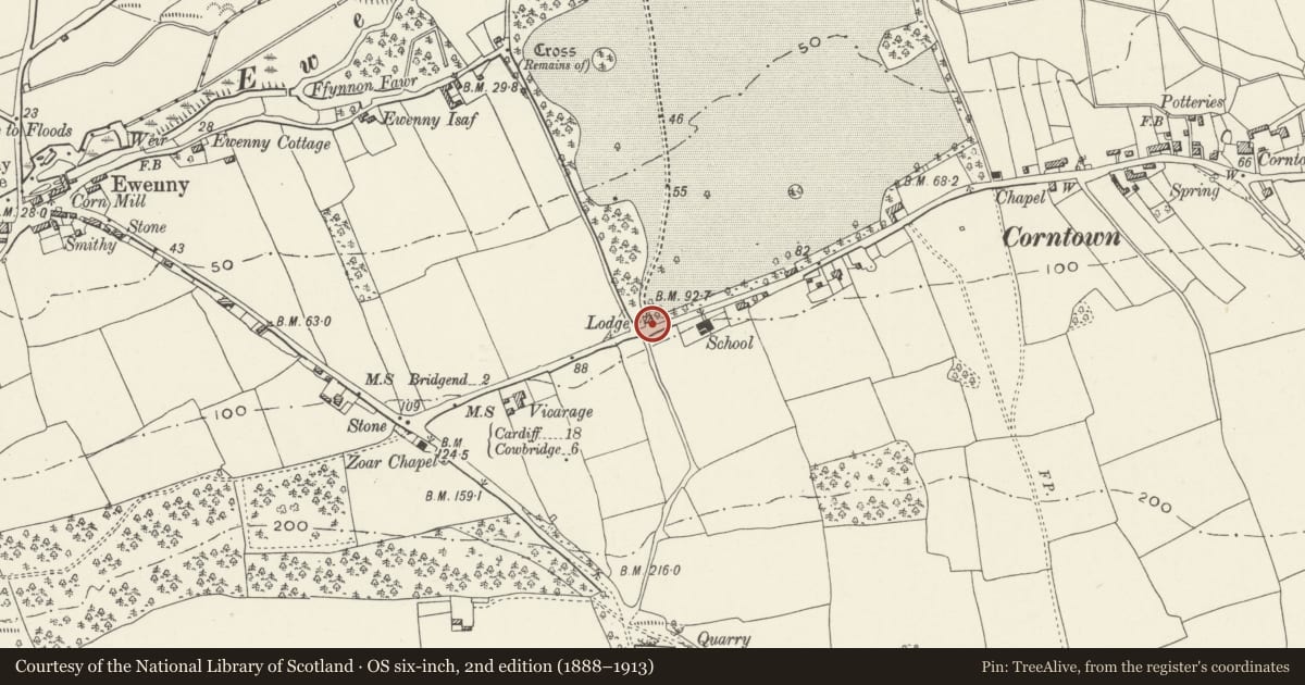 Ordnance Survey six-inch map, 2nd edition (1888–1913) covering the location of Top Lodge, Ewenny, Vale of Glamorgan, with a pin at the register's coordinates