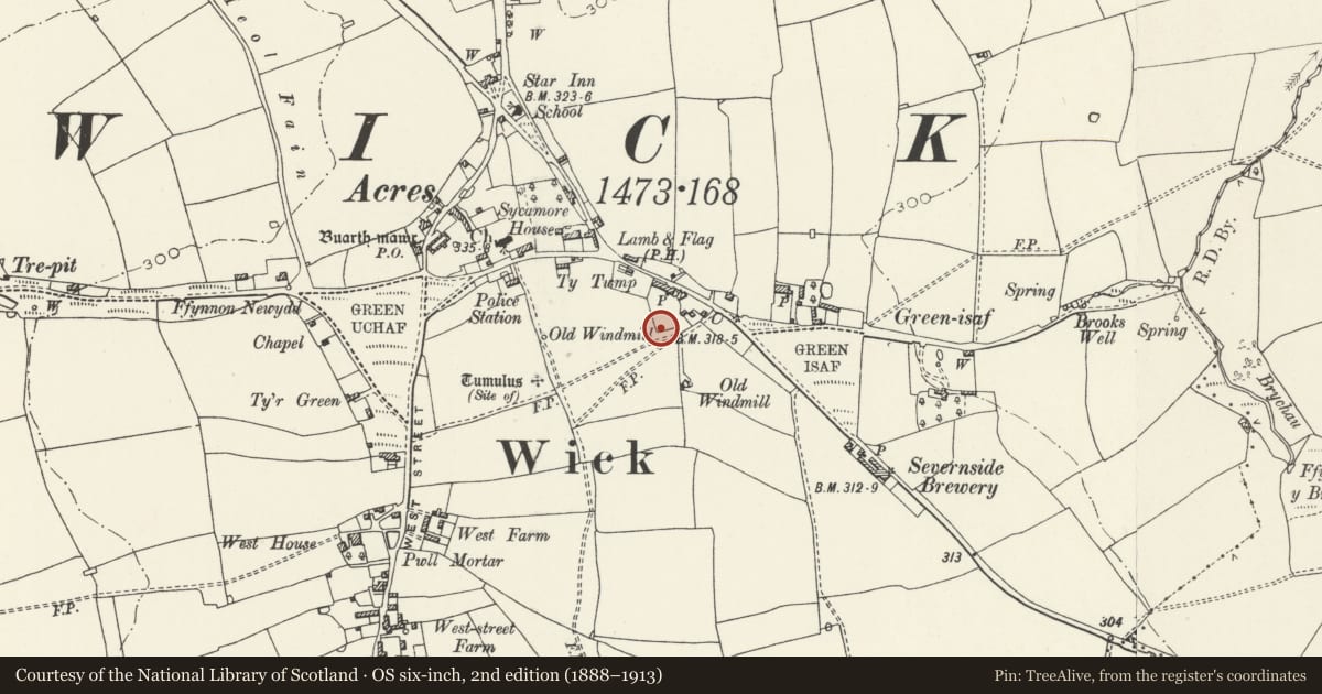 Ordnance Survey six-inch map, 2nd edition (1888–1913) covering the location of Yr Hen Felin Wynt, Wick, Vale of Glamorgan, with a pin at the register's coordinates