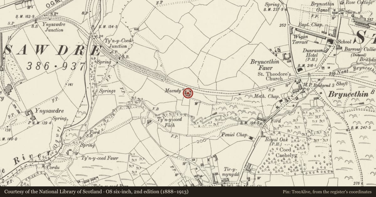 Ordnance Survey six-inch map, 2nd edition (1888–1913) covering the location of Maendy, St. Bride's Minor, Bridgend, with a pin at the register's coordinates
