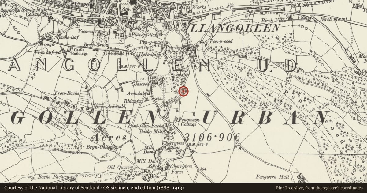 Ordnance Survey six-inch map, 2nd edition (1888–1913) covering the location of Wellhouse with Font in the grounds of Plas Newydd, Llangollen, Denbighshire, with a pin at the register's coordinates