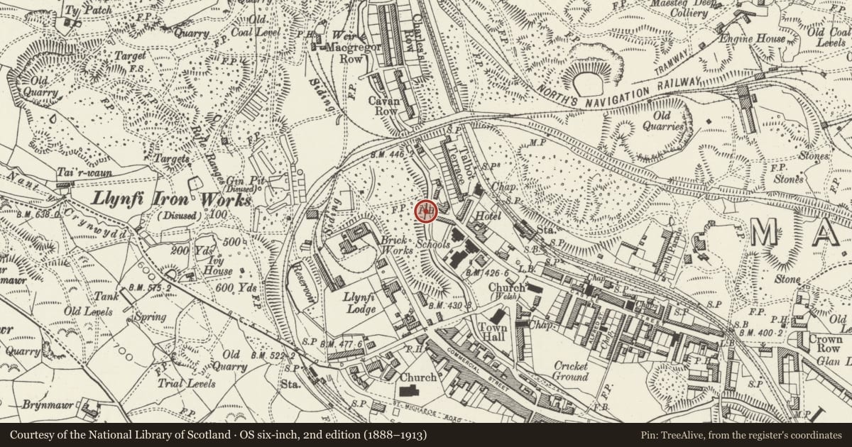 Ordnance Survey six-inch map, 2nd edition (1888–1913) covering the location of Iron bridge over River Llynfi, Maesteg, Bridgend, with a pin at the register's coordinates
