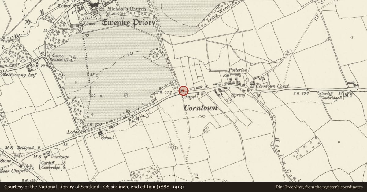 Ordnance Survey six-inch map, 2nd edition (1888–1913) covering the location of Former Bethlehem Baptist Church aka Ty Capel, Ewenny, Vale of Glamorgan, with a pin at the register's coordinates