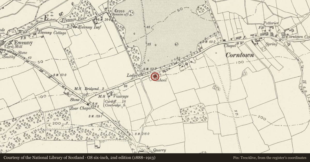 Ordnance Survey six-inch map, 2nd edition (1888–1913) covering the location of Ewenny Community Village Hall, Vale of Glamorgan, with a pin at the register's coordinates
