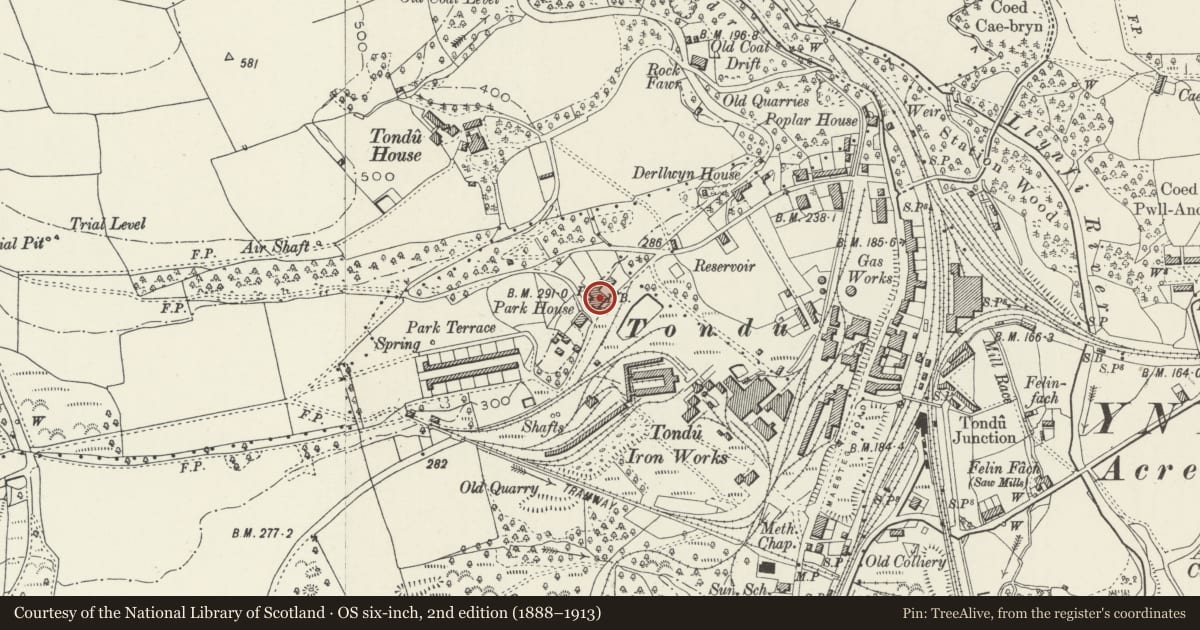Ordnance Survey six-inch map, 2nd edition (1888–1913) covering the location of Former Truck Shop Tondu Ironworks now Foxtroy Residential Home, Ynysawdre, Bridgend, with a pin at the register's coordinates
