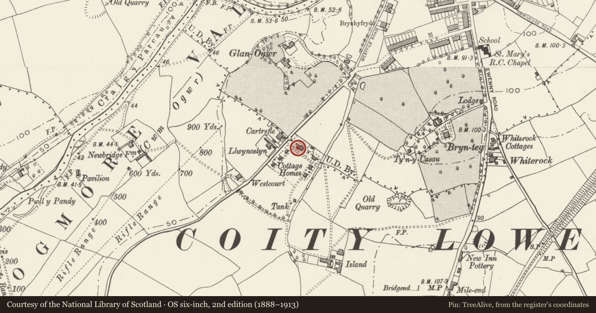 Ordnance Survey six-inch map, 2nd edition (1888–1913) covering the location of Administrive Block at former Preswylfa Children's Home, Bridgend, with a pin at the register's coordinates