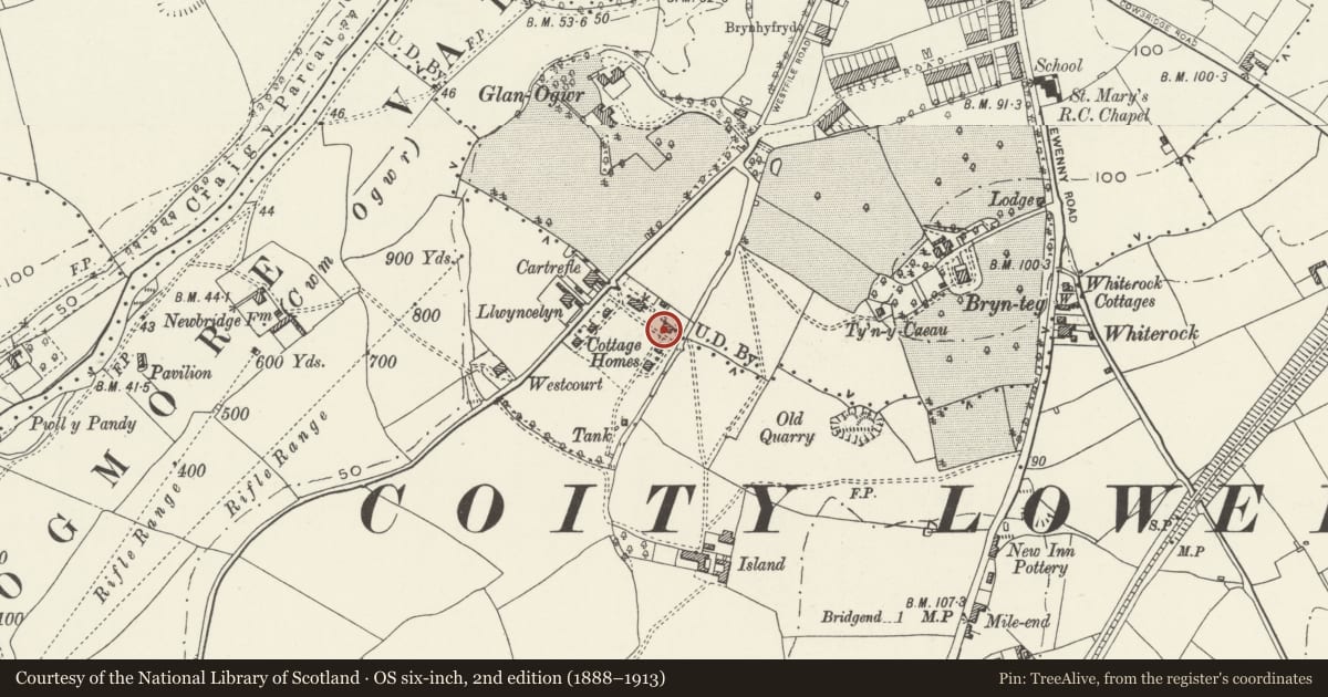 Ordnance Survey six-inch map, 2nd edition (1888–1913) covering the location of Former Preswylfa Childrens Home, Bridgend, with a pin at the register's coordinates