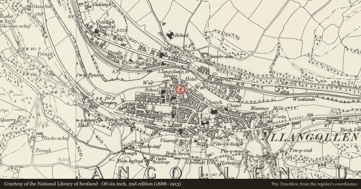 Ordnance Survey six-inch map, 2nd edition (1888–1913) covering the location of War Memorial, Llangollen, Denbighshire, with a pin at the register's coordinates