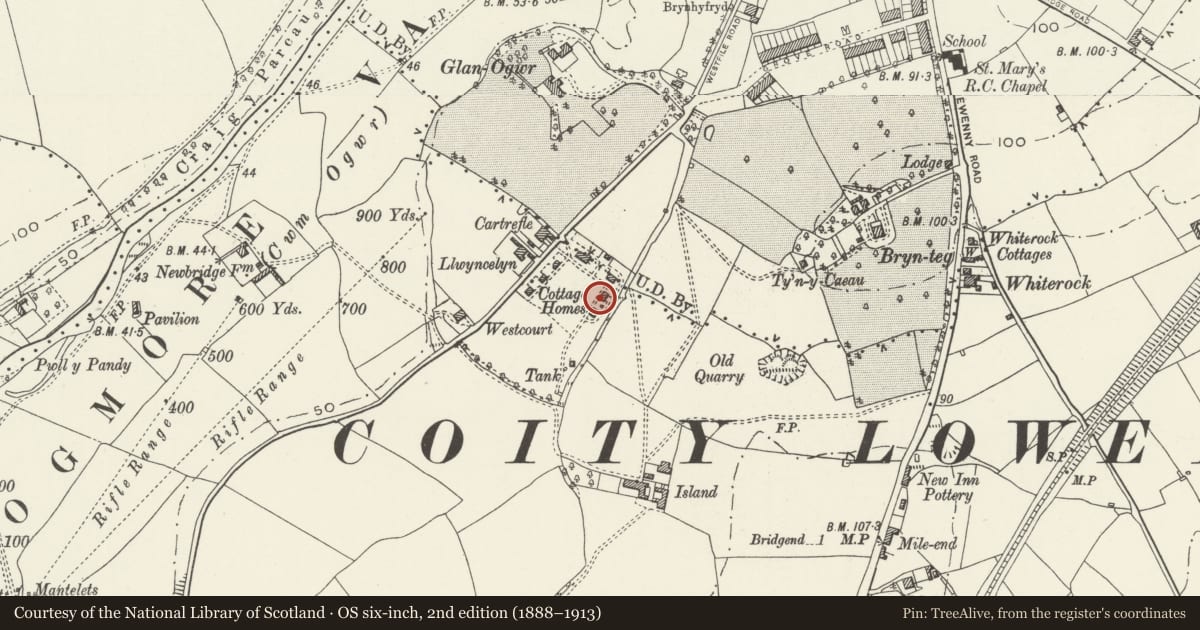 Ordnance Survey six-inch map, 2nd edition (1888–1913) covering the location of Former Preswylfa Childrens Home, Bridgend, with a pin at the register's coordinates