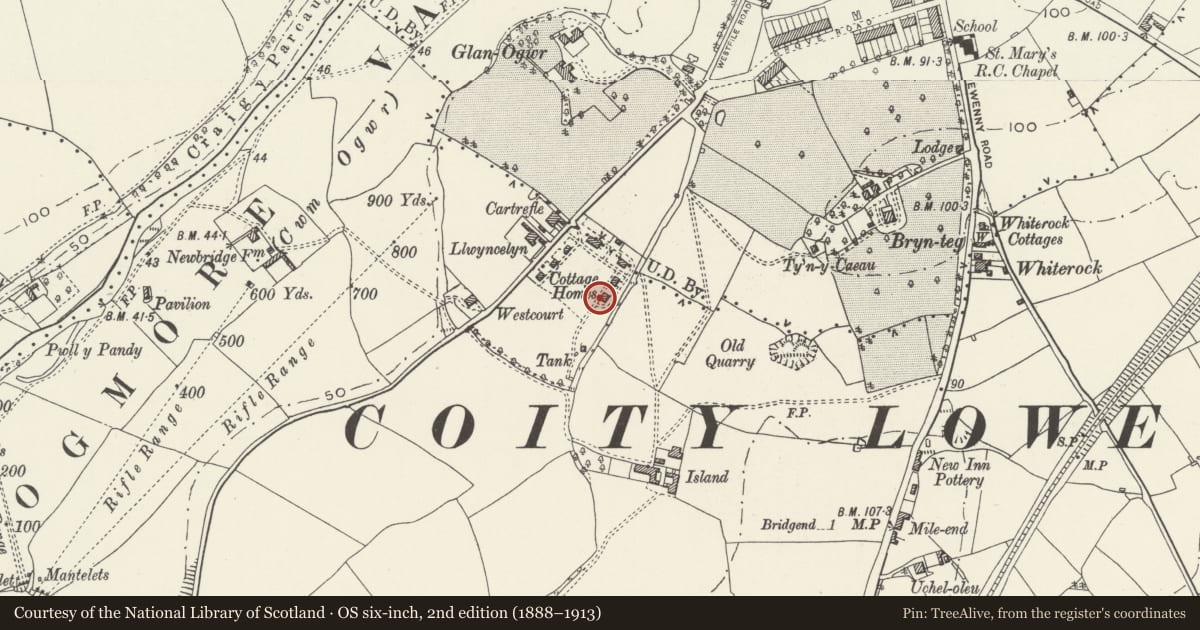 Ordnance Survey six-inch map, 2nd edition (1888–1913) covering the location of Former Preswylfa Childrens Home, Bridgend, with a pin at the register's coordinates