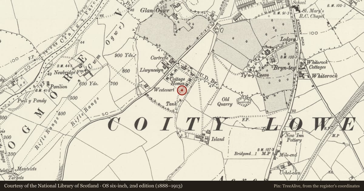Ordnance Survey six-inch map, 2nd edition (1888–1913) covering the location of Former Preswylfa Childrens Home, Bridgend, with a pin at the register's coordinates