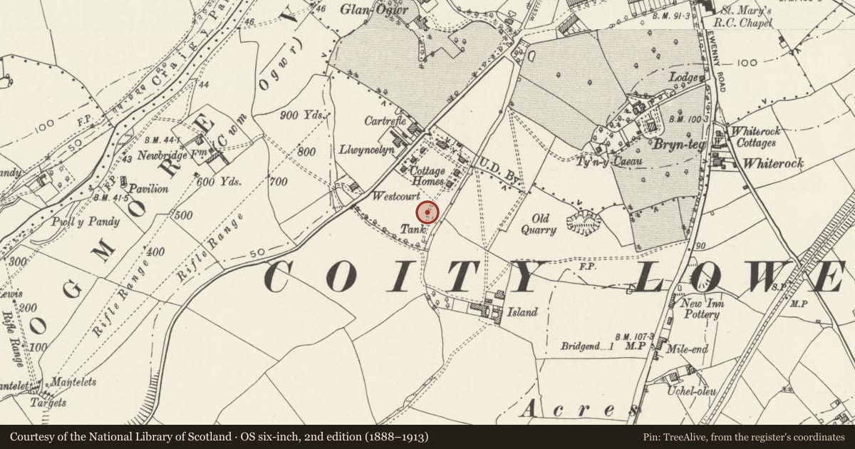 Ordnance Survey six-inch map, 2nd edition (1888–1913) covering the location of Former Preswylfa Childrens Home, Bridgend, with a pin at the register's coordinates