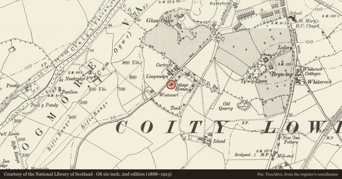 Ordnance Survey six-inch map, 2nd edition (1888–1913) covering the location of Former Preswylfa Childrens Home, Bridgend, with a pin at the register's coordinates