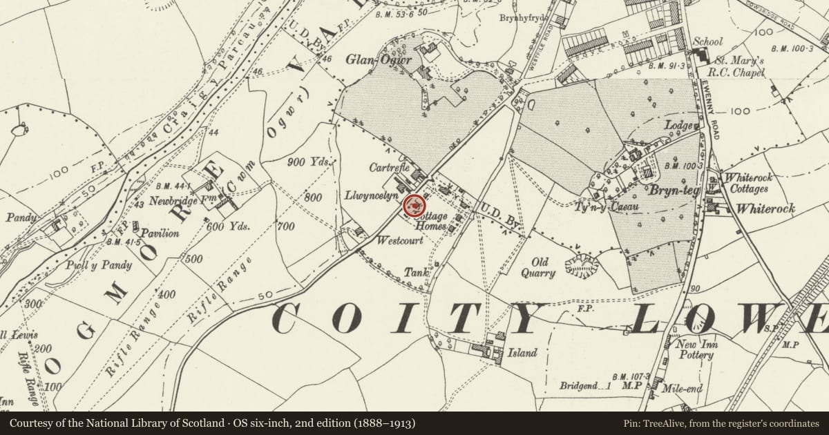 Ordnance Survey six-inch map, 2nd edition (1888–1913) covering the location of Former Preswylfa Childrens Home, Bridgend, with a pin at the register's coordinates