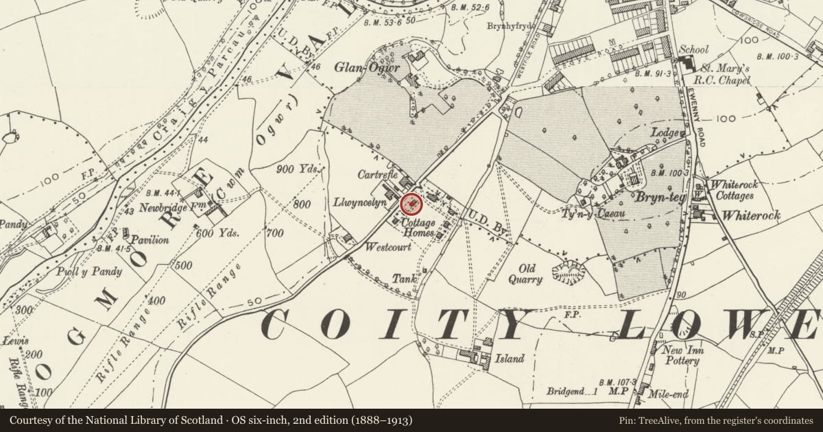 Ordnance Survey six-inch map, 2nd edition (1888–1913) covering the location of Former Preswylfa Childrens Home, Bridgend, with a pin at the register's coordinates