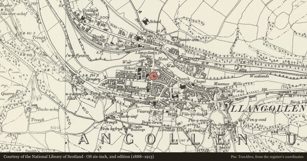 Ordnance Survey six-inch map, 2nd edition (1888–1913) covering the location of Gwunn Davies, Butchers, Llangollen, Denbighshire, with a pin at the register's coordinates
