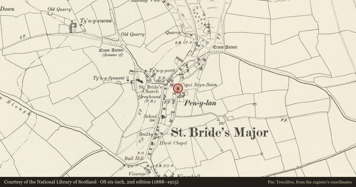 Ordnance Survey six-inch map, 2nd edition (1888–1913) covering the location of Bryn Sion Presbyterian Chapel, St. Bride's Major, Vale of Glamorgan, with a pin at the register's coordinates
