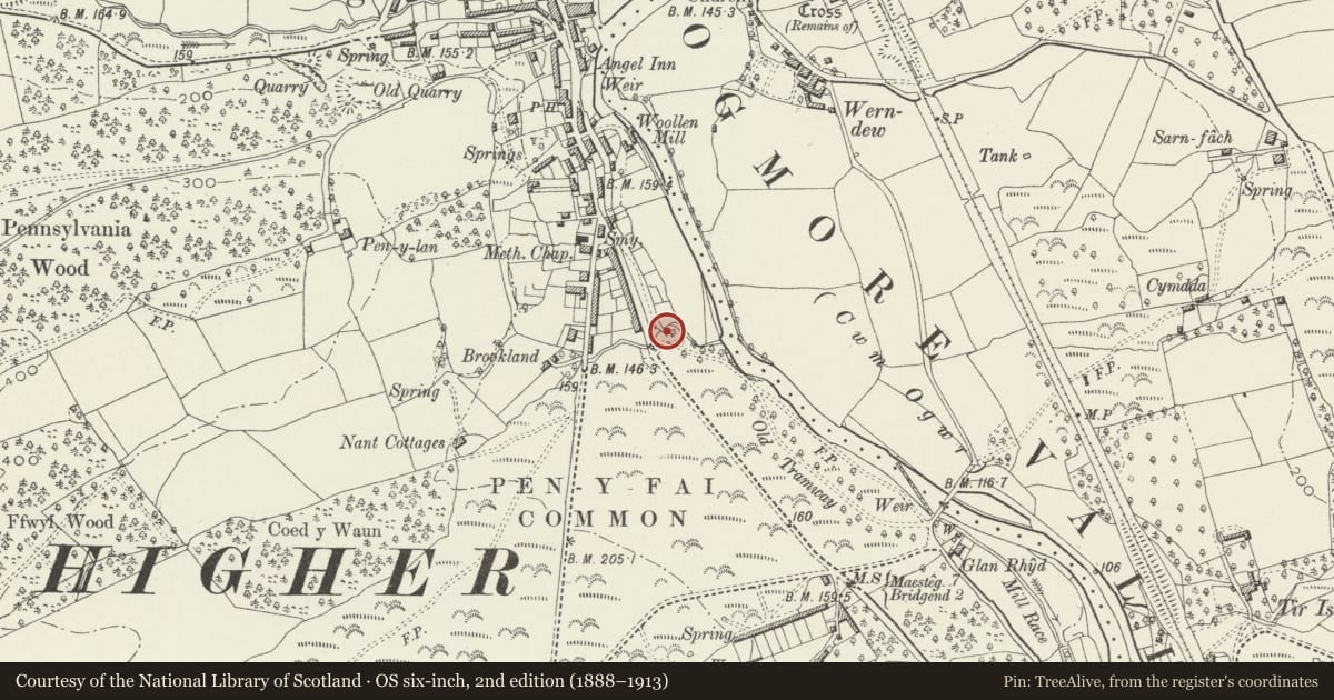 Ordnance Survey six-inch map, 2nd edition (1888–1913) covering the location of Former Tramroad Bridge, Newcastle Higher, Bridgend, with a pin at the register's coordinates
