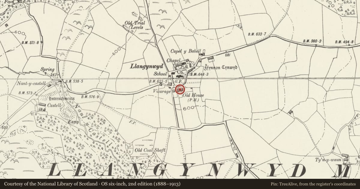 Ordnance Survey six-inch map, 2nd edition (1888–1913) covering the location of The Old House Inn PH, Llangynwyd Middle, Bridgend, with a pin at the register's coordinates